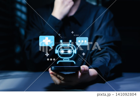AI healthcare chatbot and medical support technology concept. virtual assistant, health chat, medical cross, patient communication, online consultation, digital care automation, remote service support AI healthcare chatbot and medical support technology concept. virtual assistant, health chat, medical cross, patient communication, online consultation, digital care automation, remote service support 141092804