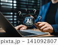AI investigation and artificial intelligence research concept. Magnifying glass over AI chip with question marks, technology uncertainty, data analysis, exploration, digital problem solving, discovery 141092807