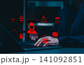 Cybersecurity hacker threat concept. hacker icon, malware attack warning, security alert, unlocked padlock, server breach, unauthorized access, suspicious email, network vulnerability, data protection 141092851