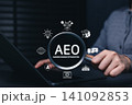 AEO Answer Engine Optimization Concept. Marketer holding magnifying glass and AI search icons, representing content visibility, semantic search, chatbot discovery, digital marketing, SEO strategy, GEO 141092853