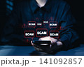 Online scam alert notification on smartphone screen. woman using mobile phone, cyber fraud warning pop up, internet security, phishing message detection, protection from hacker threat, digital safety 141092857