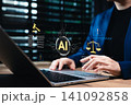 Artificial intelligence regulation law and AI ethics compliance governance system concept. Lawyer using laptop to audit digital tech legal policy, data risk rule, regulatory review, ethical governance 141092858