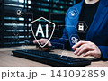 AI cybersecurity and data protection technology concept. IT expert using keyboard and phone showing digital privacy network security, artificial intelligence algorithm threat prevention system 141092859