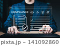 Compliance checklist and regulatory document approval concept. audit form checkmark, legal, certification badge, policy verification, governance review, quality control, business compliance management 141092860