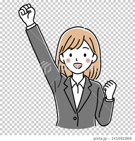 Vector illustration of a female office worker (upper body) raising one hand in cheering. Vector illustration of a female office worker (upper body) raising one hand in cheering. 141092869