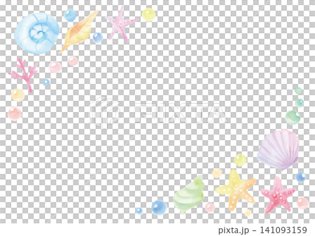 白色背景上點綴著水彩繪製的貝殼和氣泡——橫幅 141093159