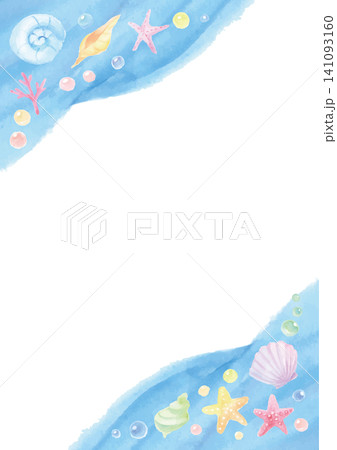 水彩で描いた貝殻や泡と波で飾った白い背景-縦型 水彩で描いた貝殻や泡と波で飾った白い背景-縦型 141093160