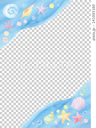 水彩で描いた貝殻や泡と波で飾った白い背景-縦型 水彩で描いた貝殻や泡と波で飾った白い背景-縦型 141093160