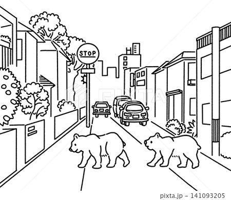 道路を横断している熊の白黒イラスト 141093205
