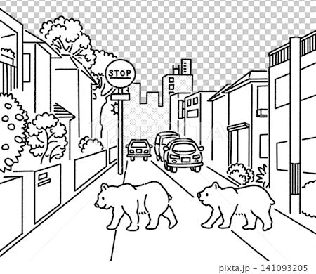 道路を横断している熊の白黒イラスト 141093205