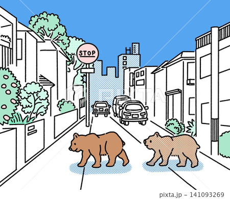 町に出没して道路を歩いている熊のカラーイラスト 町に出没して道路を歩いている熊のカラーイラスト 141093269
