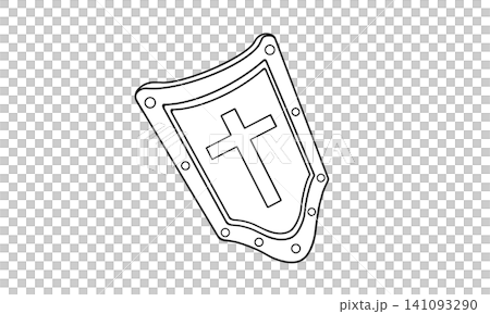 Line drawing illustration of a Western shield with a cross on it. Line drawing illustration of a Western shield with a cross on it. 141093290