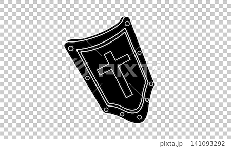 A black and white illustration of a Western shield with a cross on it (with a white outline). A black and white illustration of a Western shield with a cross on it (with a white outline). 141093292
