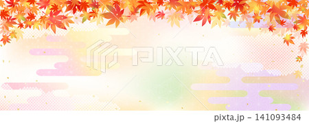 鮮やかグラデーションのもみじと和風柄の背景イラスト 鮮やかグラデーションのもみじと和風柄の背景イラスト 141093484