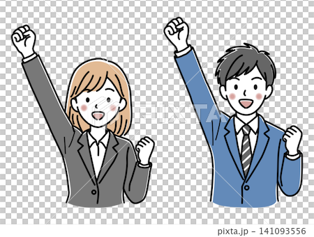 片手を上げて応援する女性と男性の会社員(上半身)のセットのベクターイラスト 片手を上げて応援する女性と男性の会社員(上半身)のセットのベクターイラスト 141093556