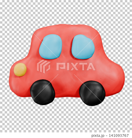 用黏土製作的紅色汽車3DCG影像。可愛的汽車印章圖示。兒童裝飾材料。 用黏土製作的紅色汽車3DCG影像。可愛的汽車印章圖示。兒童裝飾材料。 141093767