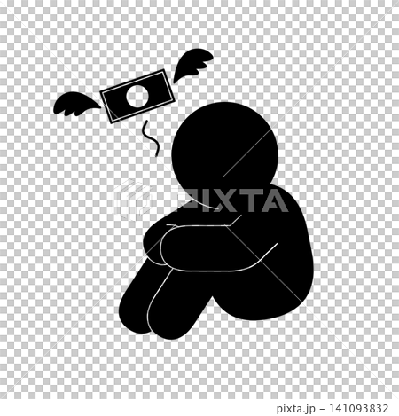 A simple pictogram of a person depressed by money flying away. A simple pictogram of a person depressed by money flying away. 141093832