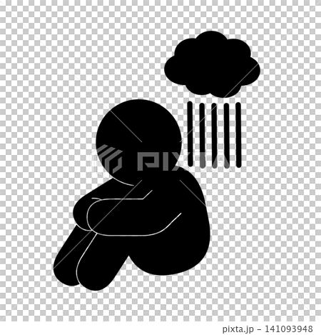 A simple pictogram of a person sitting with their legs tucked under their buttocks, looking a little dejected. 141093948