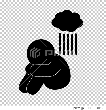 体育座りで顔を埋めて落ち込む人のシンプルなピクトグラム 141094052