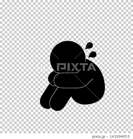 A simple pictogram of a person sitting with their legs crossed and their face buried in their hands, looking dejected. 141094053