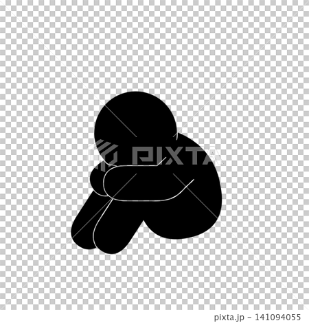 体育座りで顔を埋めて落ち込む人のシンプルなピクトグラム 141094055