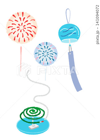 風鈴と蚊取り線香と打ち上げ花火のベクターイラスト 風鈴と蚊取り線香と打ち上げ花火のベクターイラスト 141094072