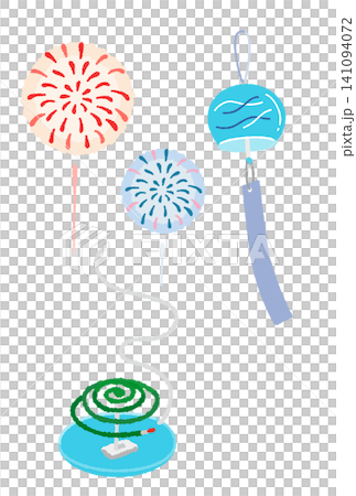 風鈴と蚊取り線香と打ち上げ花火のベクターイラスト 風鈴と蚊取り線香と打ち上げ花火のベクターイラスト 141094072