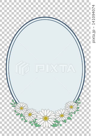 Natural oval frame with gerbera flowers on a blue-gray background. Natural oval frame with gerbera flowers on a blue-gray background. 141094074