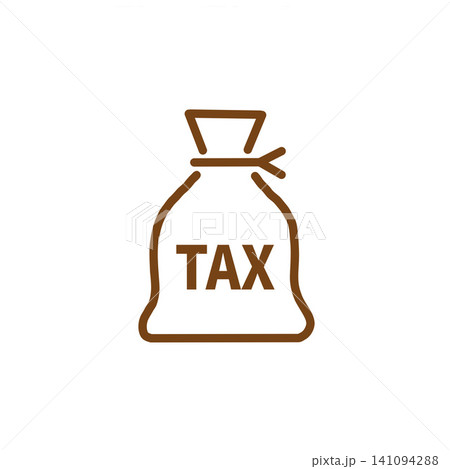 税金(TAX)の袋のアイコン素材。茶色の線画で描かれ、白背景に配置。 税金(TAX)の袋のアイコン素材。茶色の線画で描かれ、白背景に配置。 141094288