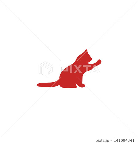 赤い猫のシルエットイラスト、手を伸ばして遊ぶ、白背景、シンプルで可愛いデザイン 赤い猫のシルエットイラスト、手を伸ばして遊ぶ、白背景、シンプルで可愛いデザイン 141094341