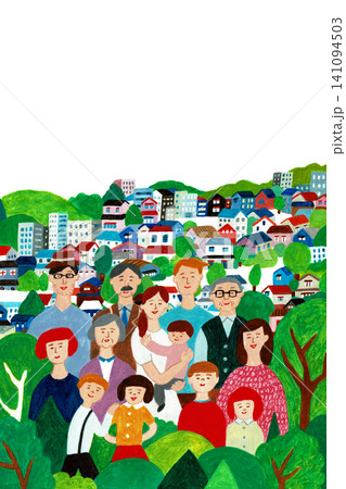多世代が暮らす緑豊かな住宅街と地域コミュニティの手描きイラスト 多世代が暮らす緑豊かな住宅街と地域コミュニティの手描きイラスト 141094503