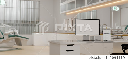 Modern dental clinic reception desk with blank computer screen mockup Modern dental clinic reception desk with blank computer screen mockup 141095119