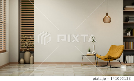 Cozy reading room with yellow armchair and built-in bookshelf Cozy reading room with yellow armchair and built-in bookshelf 141095138