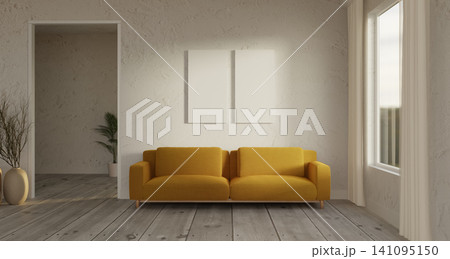 Rustic living room with bright yellow sofa and twin frame mockups Rustic living room with bright yellow sofa and twin frame mockups 141095150