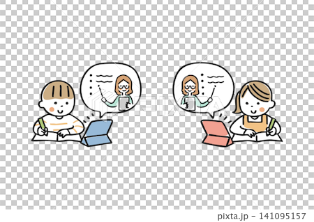 タブレットでオンライン学習をするこどもたちのイラスト 141095157