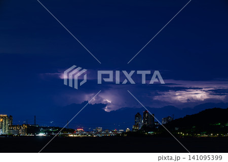 Lightning Storm Over Tamsui Cityscape at Night Lightning Storm Over Tamsui Cityscape at Night 141095399
