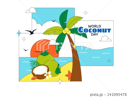World Coconut Day Vector Illustration Featuring Fresh Tropical Coconuts, Palm Trees, Beach Scenery, Summer Vacation, and Exotic Island Nature World Coconut Day Vector Illustration Featuring Fresh Tropical Coconuts, Palm Trees, Beach Scenery, Summer Vacation, and Exotic Island Nature 141095478