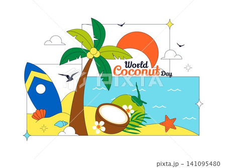 World Coconut Day Vector Illustration Featuring Fresh Tropical Coconuts, Palm Trees, Beach Scenery, Summer Vacation, and Exotic Island Nature World Coconut Day Vector Illustration Featuring Fresh Tropical Coconuts, Palm Trees, Beach Scenery, Summer Vacation, and Exotic Island Nature 141095480
