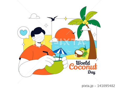 World Coconut Day Vector Illustration Featuring Fresh Tropical Coconuts, Palm Trees, Beach Scenery, Summer Vacation, and Exotic Island Nature World Coconut Day Vector Illustration Featuring Fresh Tropical Coconuts, Palm Trees, Beach Scenery, Summer Vacation, and Exotic Island Nature 141095482