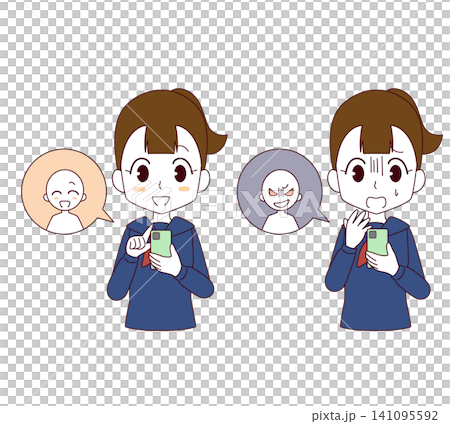 A set of two illustrations of female students in sailor uniforms communicating via smartphone. A set of two illustrations of female students in sailor uniforms communicating via smartphone. 141095592