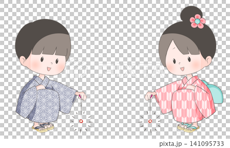 An illustration of a girl and a boy playing with sparklers. 141095733