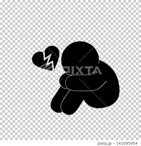 A simple pictogram of a person sitting with their legs to their chest, feeling depressed after a breakup. 141095954