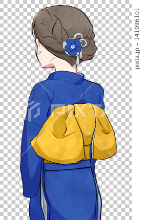 A woman with her back to the camera wearing a furisode kimono tied in a bunko knot. A woman with her back to the camera wearing a furisode kimono tied in a bunko knot. 141096101