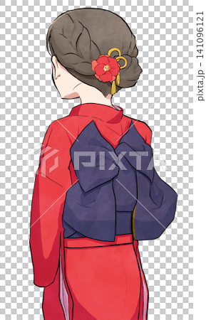 A woman with her back to the camera wearing a furisode kimono tied in a bunko knot. A woman with her back to the camera wearing a furisode kimono tied in a bunko knot. 141096121
