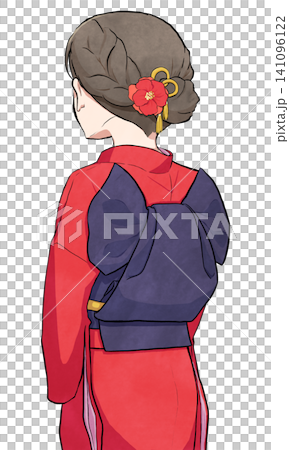 背對鏡頭的女子,身穿振袖和服,綁成福倉雀結。 背對鏡頭的女子,身穿振袖和服,綁成福倉雀結。 141096122