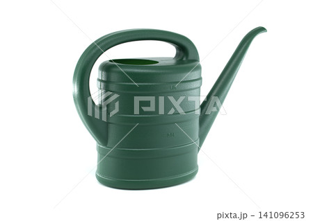 Green plastic watering can with handle and long spout for garden use Green plastic watering can with handle and long spout for garden use 141096253