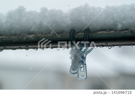 積雪した物干し竿に付けっぱなしの洗濯バサミ 積雪した物干し竿に付けっぱなしの洗濯バサミ 141096718