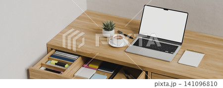 3D Render of Organized Wooden Office Desk with Laptop, Open Drawers, Stationery, Coffee Cup and Succulent Plant 3D Render of Organized Wooden Office Desk with Laptop, Open Drawers, Stationery, Coffee Cup and Succulent Plant 141096810