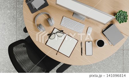 3D Render Illustration of Organized Office Desk Top View with Computer Monitor, Notebook, Headphones and Smartphone 3D Render Illustration of Organized Office Desk Top View with Computer Monitor, Notebook, Headphones and Smartphone 141096814