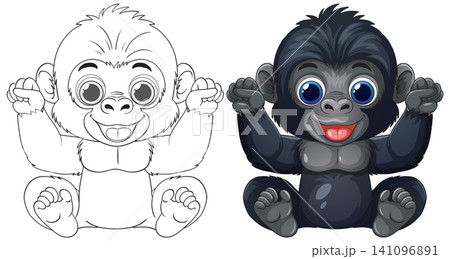 Cute Baby Gorilla Cartoon Character with Line Art Version 141096891